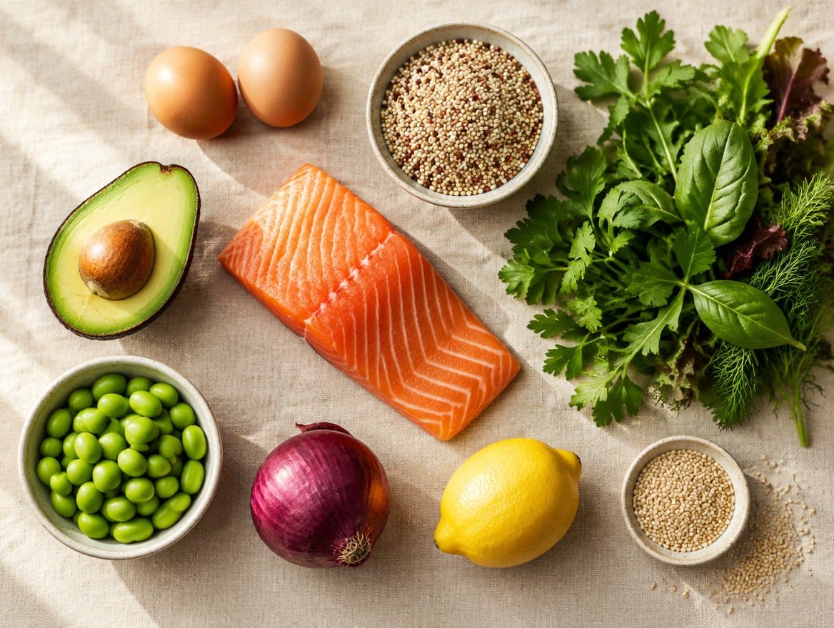 Fresh ingredients: eggs, salmon, avocado, quinoa, greens, edamame, red onion and lemon