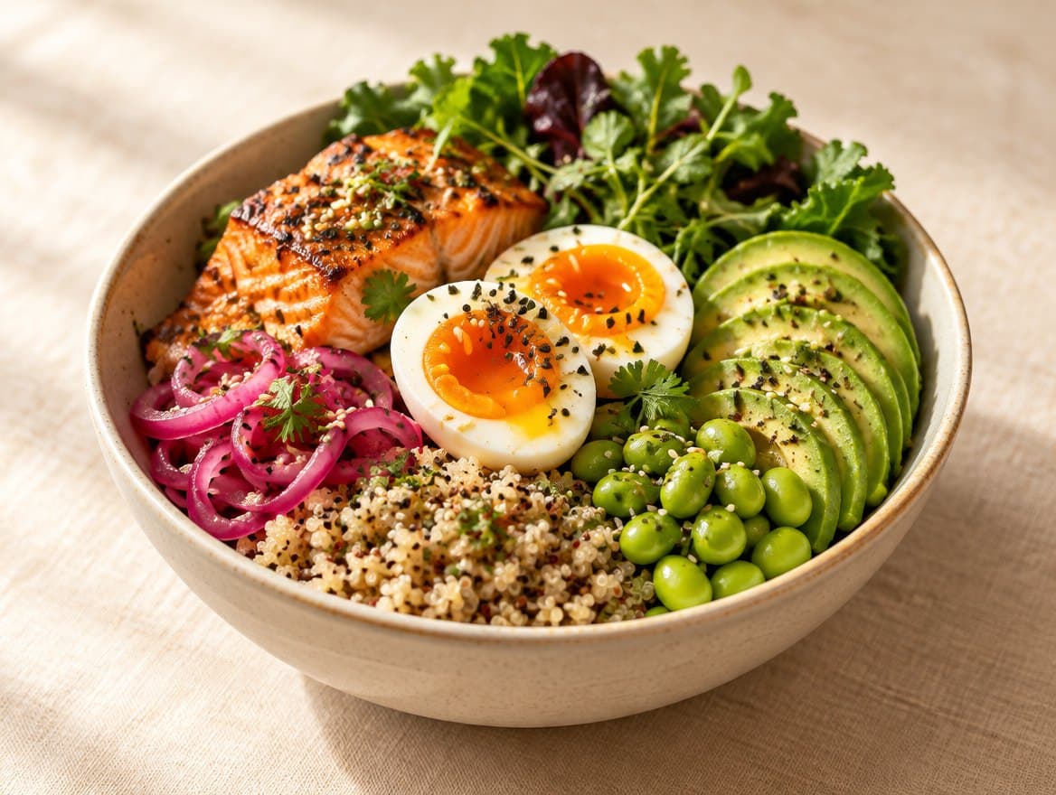 Grain bowl with jammy egg, salmon, avocado, edamame and greens